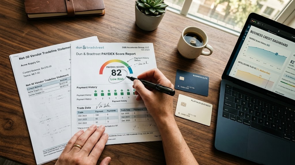 Top-down composition of a Dun & Bradstreet PAYDEX score report, NET-30 vendor tradeline statement, and two business credit cards on a Houston small-business desk