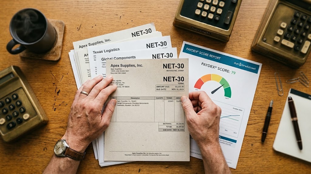 Close-up of a Houston small business owner's hands organizing NET-30 vendor invoices and a printed PAYDEX score chart on a wooden office desk
