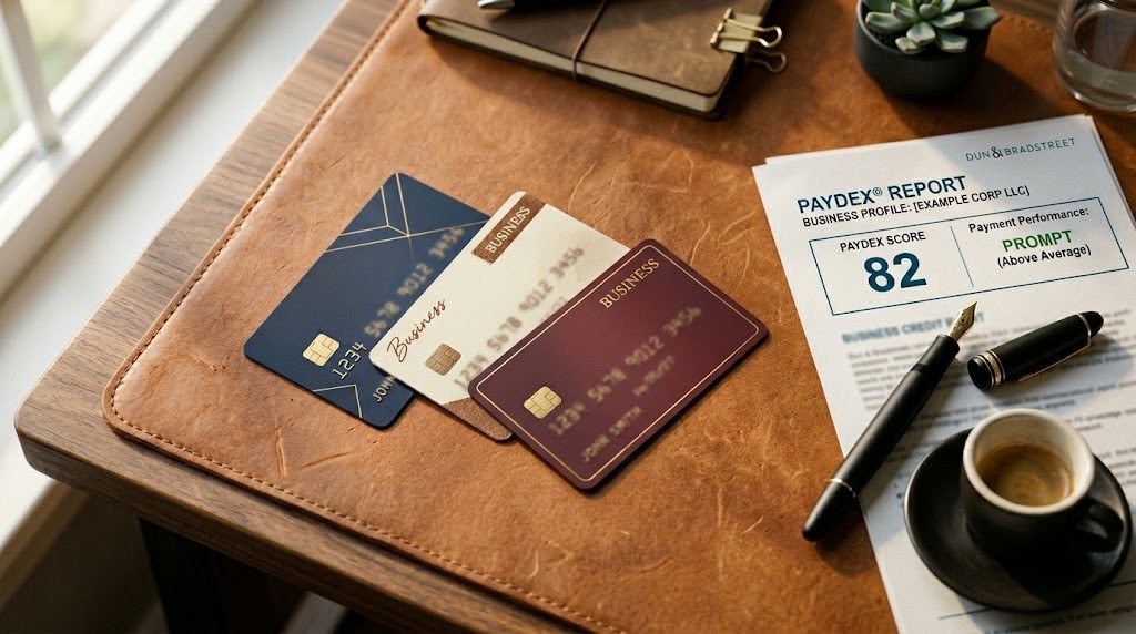 Three matte-finish business credit cards arranged on a leather desk pad with a folded business credit report and espresso, editorial top-down composition