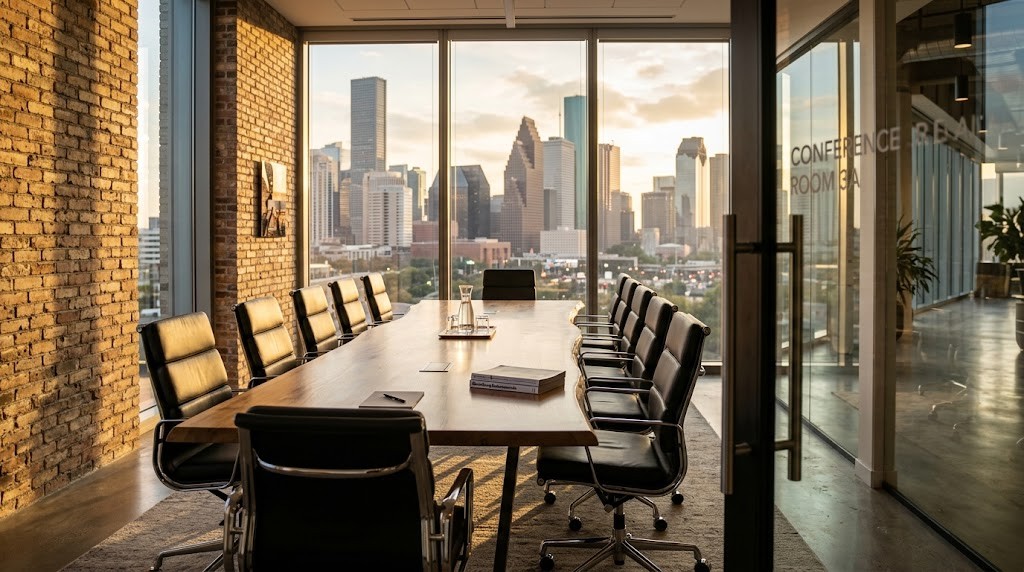 Empty modern conference room in a Houston coworking office with exposed brick, long oak table, leather chairs, and the Houston skyline visible through tall windows