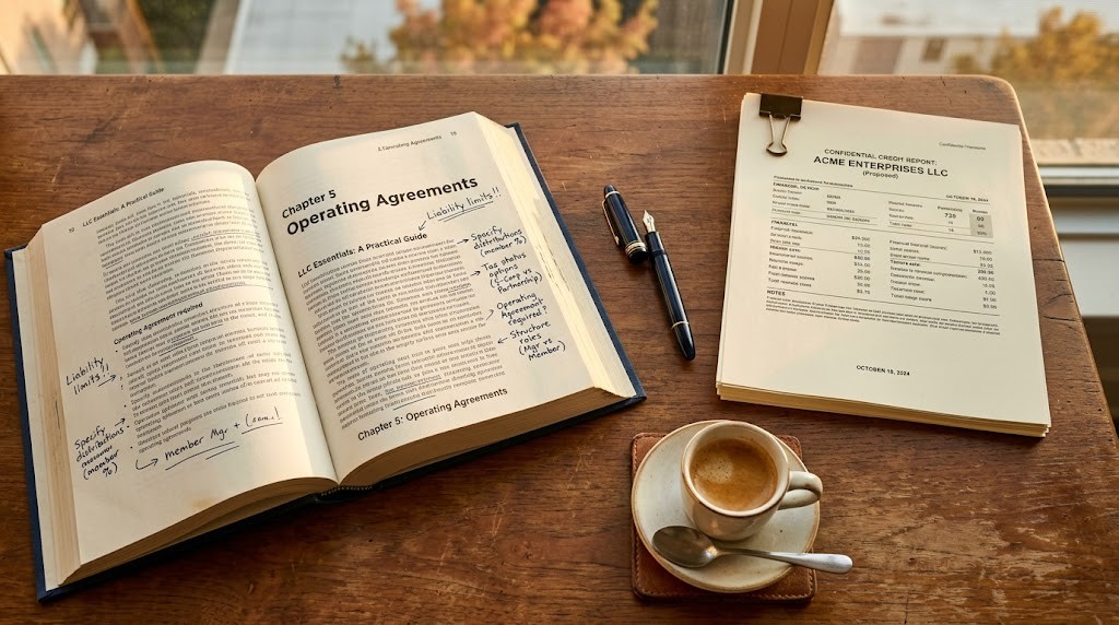 Open hardcover business book with handwritten LLC formation margin notes, a fountain pen, neat stack of printed credit reports, and an espresso on a Houston home office desk