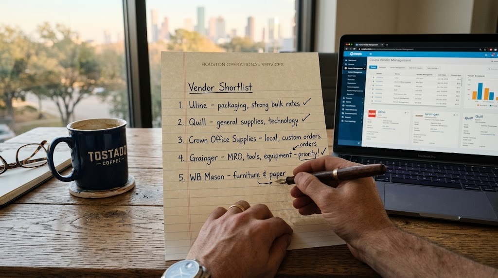 Handwritten vendor shortlist on lined letterhead paper showing NET-30 vendor names, next to a laptop on a Houston wooden desk with warm afternoon light