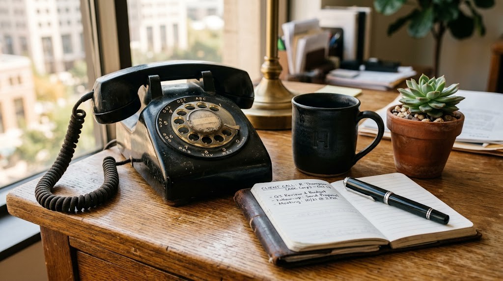 Vintage black desk phone and leather-bound notebook open to a client-call page with handwritten notes on a Houston wooden office desk